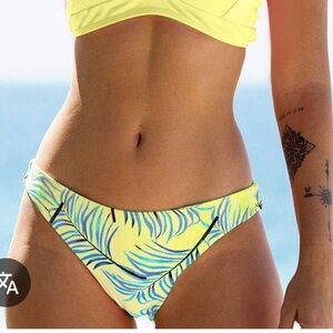 NWT Kamoni Tropical Print Yellow Blue Leaf Bikini Swim Bottom L Cheeky